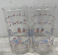 Pair (2) of Vintage Tumblers Glasses with/Hearts Trees Farmhouse Peach Blue