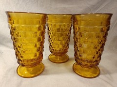 Vintage Set of 3 Indiana Glass Whitehall Cubist 6″ Tall Footed Glasses Amber