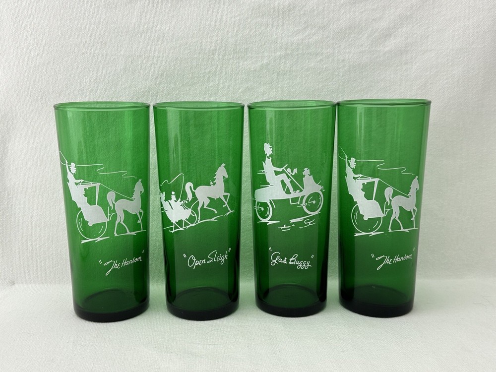 Set Of 4 Forest Green Anchor Hocking Highball Glasses Buggy Hansom Open Sleigh