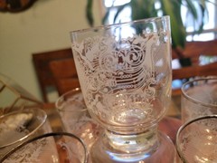 Vtg Viking Scandanavian Pheasant Scroll Basket Weave Silver Rim Bar Glass Set/7