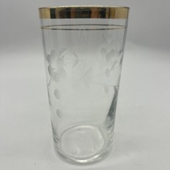 Vintage 5 Inch Gold Rim Glass With Etched Branches/Flower 4.75”