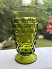 3x Vintage Indiana Whitehall Colony Cubist Glass Avocado Green Footed Iced Tea
