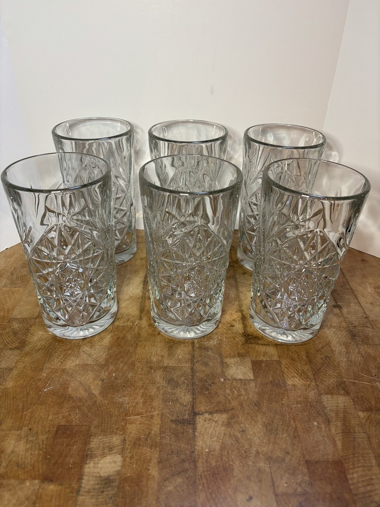 Libbey Hobstar Pattern Pressed Glass Set Of 6 Glasses 6 1/4” Thick & Heavy EUC