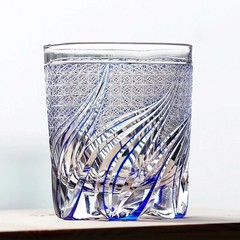 Edo Kiriko Crystal Whiskey Glass Hand Cut Blue Clear 9oz Gift Boxed