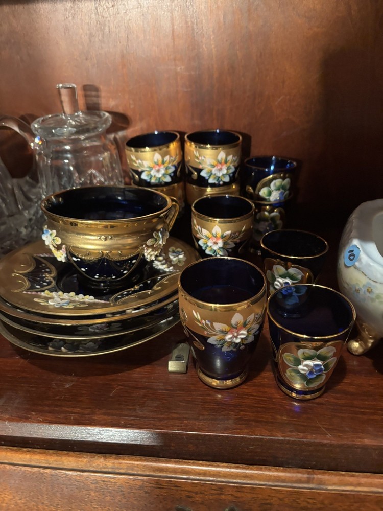 Vtg. Bohemian cobalt blueGlass Enamel & Gold Gilt Cordial Glasses Set of 10