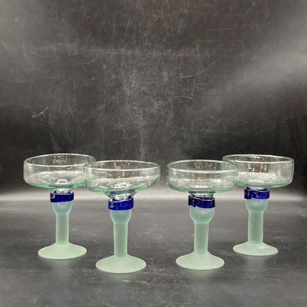 Set of 4 Hand Blown Art Glass Margarita Glasses Frosted stem applied cobalt band