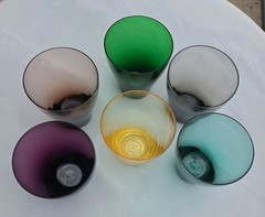 Vintage 4″ Glasses Set of 6 Hand Blown Multi Colored MCM Barware