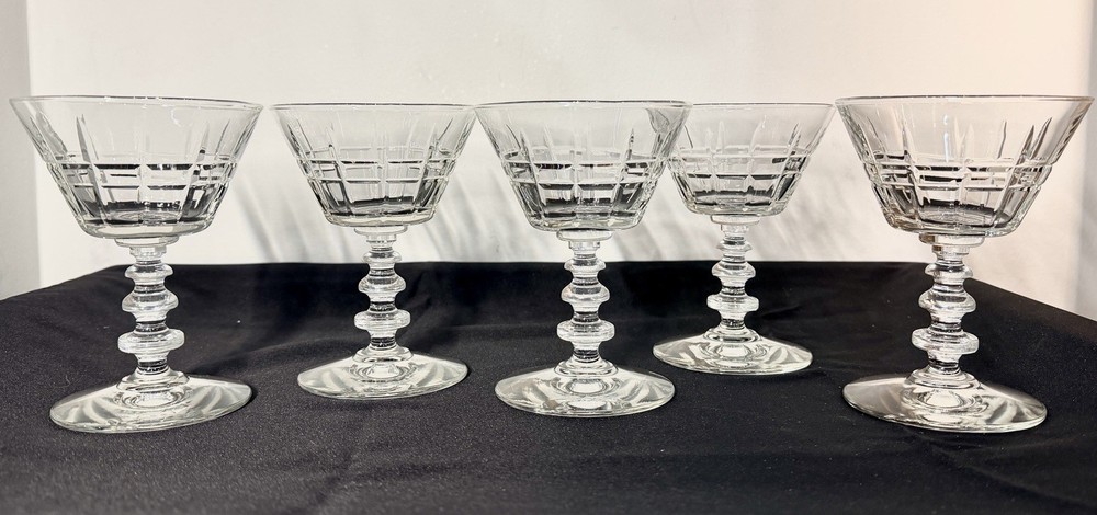 5 Libbey Rock Sharpe Crystal Spear & ring ‘rugby’ Sherry/dessert Hocks