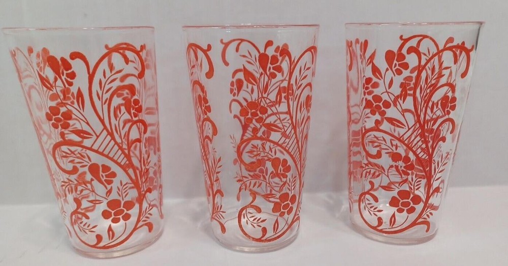 3 Red Floral Vine VTG 8 Oz Drinking Glasses Tumblers 4 3/4″ VTG Set