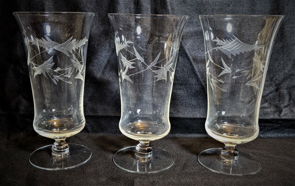 Set of (3) Vintage Weston Floral Etched Crystal 12 oz Iced Tea Water Glasses
