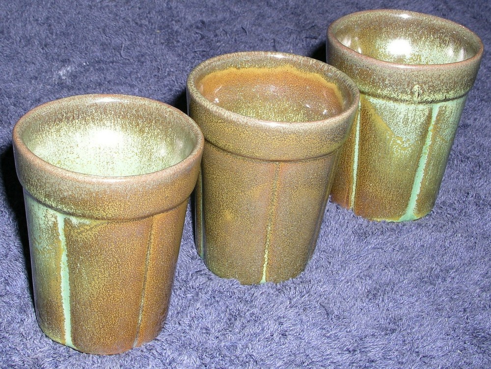 Pottery Frankoma Juice Glasses Set of 3 Prairie Green 90C MCM 1950s Vtg Mint Con
