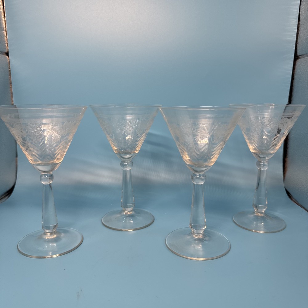 Vintage Bryce Brothers Needle Etched Cocktail Glasses #854-1 Wavy Loop Pattern