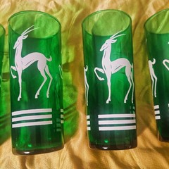 Hazel Atlas Green Gazelle Collins Glasses Set of 7 Vintage MCM Highball Barware