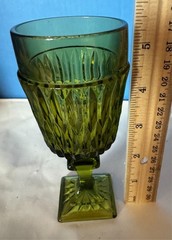 Vintage Olive Green Goblet Square Foot Diamond Point Pattern Water Wine Glass