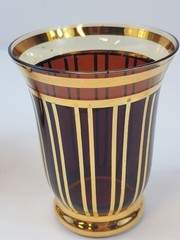 VTG MCM Art Deco Czech 3 Cocktail Glasses Gold Stripes Modernist Dark Amber Red