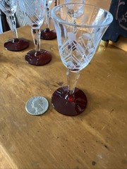 Ruby Red Clear Etched Floral And Leaf Design Vintage Cordial Glasses Set Of 6