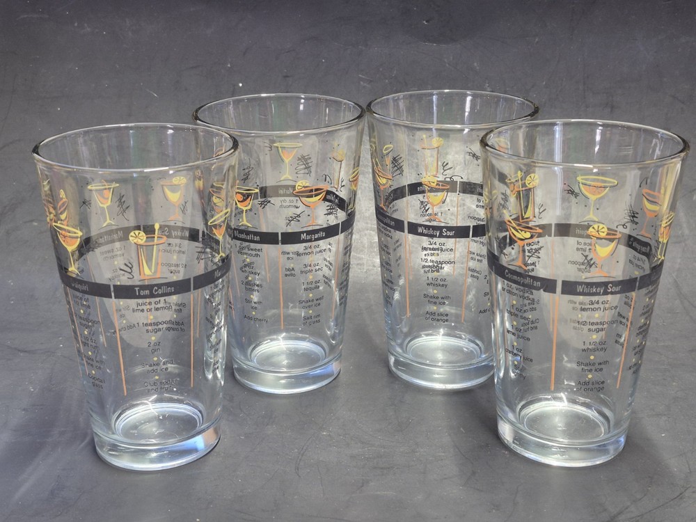 Vintage Set Of 4 Libbey Cocktail Recipe Glasses MCM 16 oz