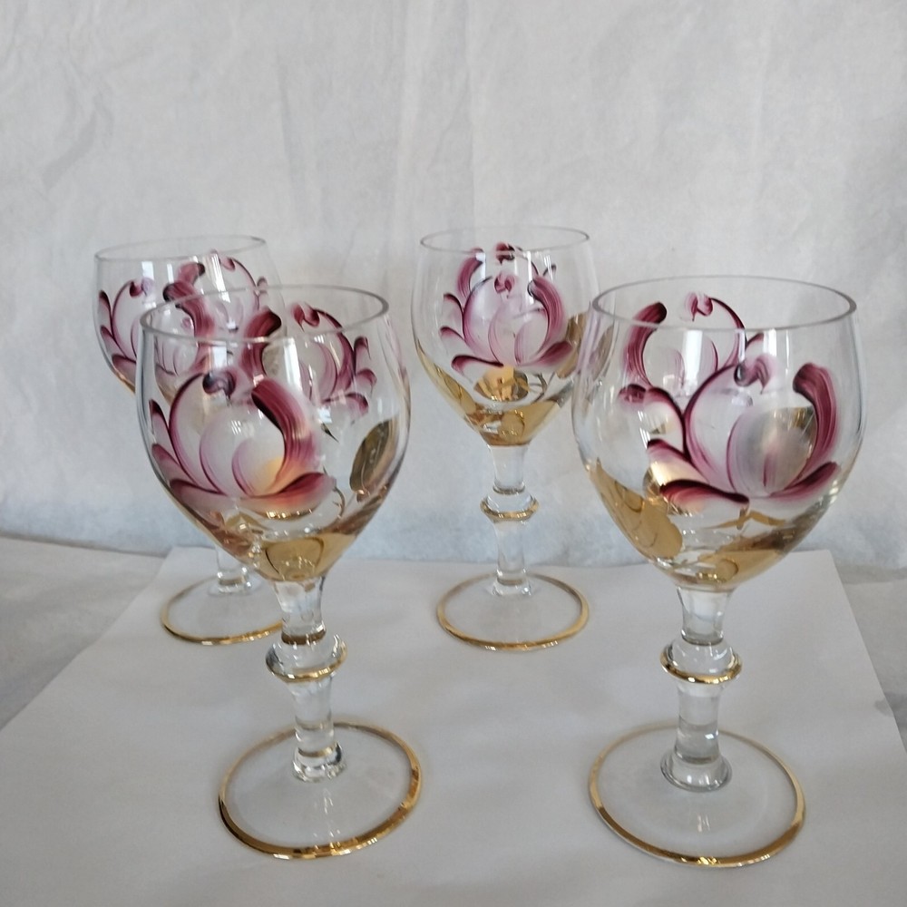 4 Vtg Bohemian Crystal Wine Cordial Glasses Hand Painted Pink & 22K Gold Trim
