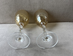 Set Of Two LRE Slovakia Gold Iridescent Wine Glasses Clear Tulip Stem