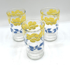 3 Vintage Yellow Flowers Blue Leaves Glasses Tumblers 8 oz Floral Cottage Core