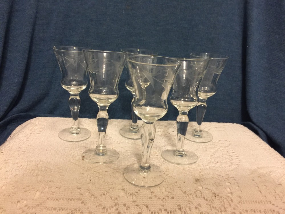 vintage set of 6 etched sherry glasses stemmed elegant liqour shot 4.25″ tall