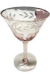 Vintage Pink Depression Glass Cocktail Wine Glass Etched Floral Cut Stem 1930s