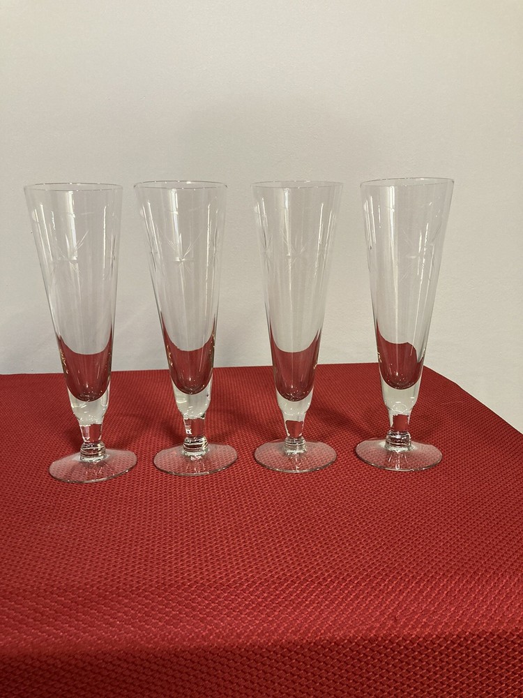 Pilsner Clear Glasses Cross and Burst Cut Set of 4 8 3/4 inch Vintage