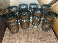 Vintage MCM Continental Can Glass C6G3 Blue 22K Gold Highball Glasses Set of 8