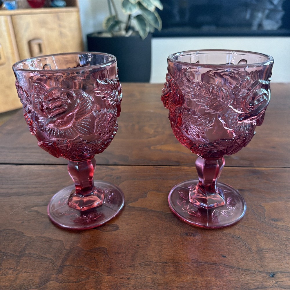 2 Fenton LG Wright MADONNA INN Wild Rose DARK PINK 6.5 Inch WATER Glass Goblet