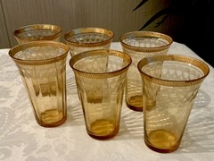 Vintage Set of 6 Amber/Marigold Depression Glass Juice Glasses Gold Rim 4 oz.