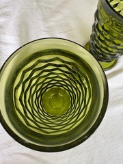 3x Vintage Indiana Whitehall Colony Cubist Glass Avocado Green Footed Iced Tea