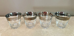 VTG. MCM Set of 4 1950-60 SILVER RIMMED WHISKEY LOW BALL GLASSES / FLORAL DESIGN