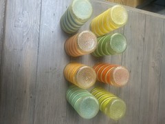 1950s–60s Frosted Stripe Glasses & Caddy Set – Colorful MCM Barware