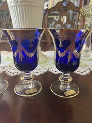 Set Of (4) Horchow Italian Glass Cobalt Blue & Gold Stemware