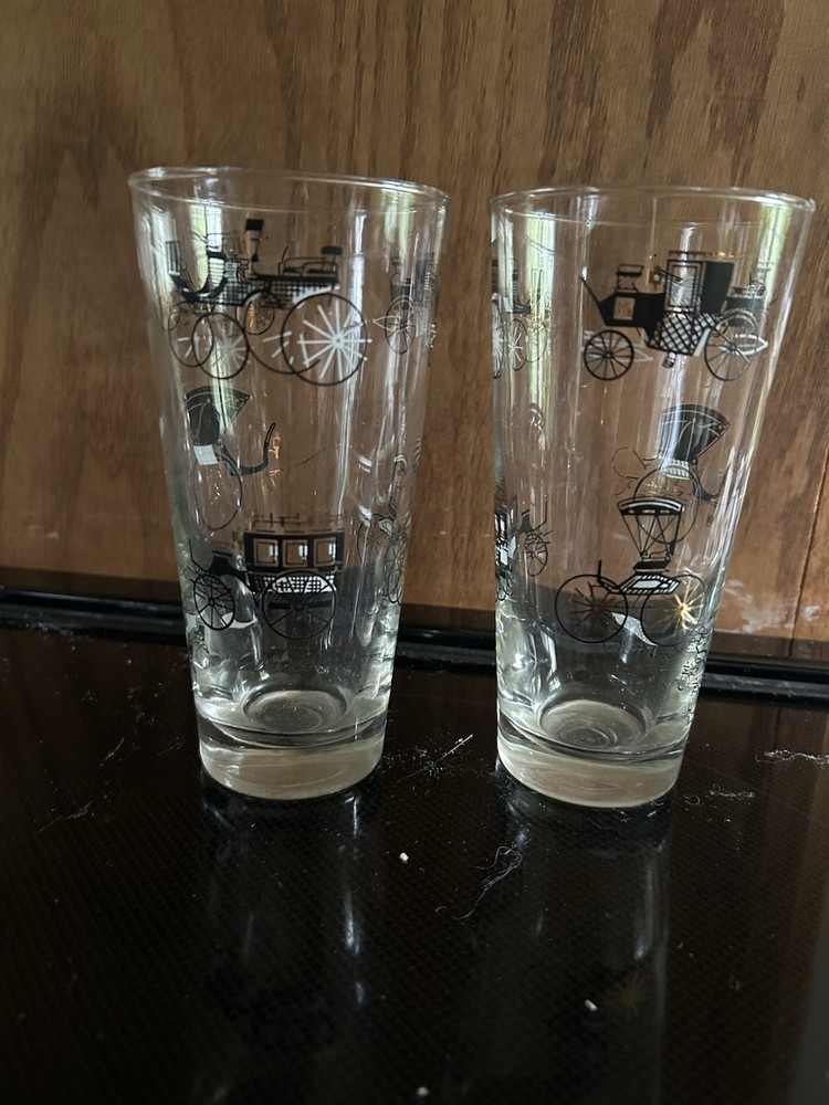 Libbey Vintage Black & Gold 1950’s “Horseless Carriage” Glasses and Bowls EUC