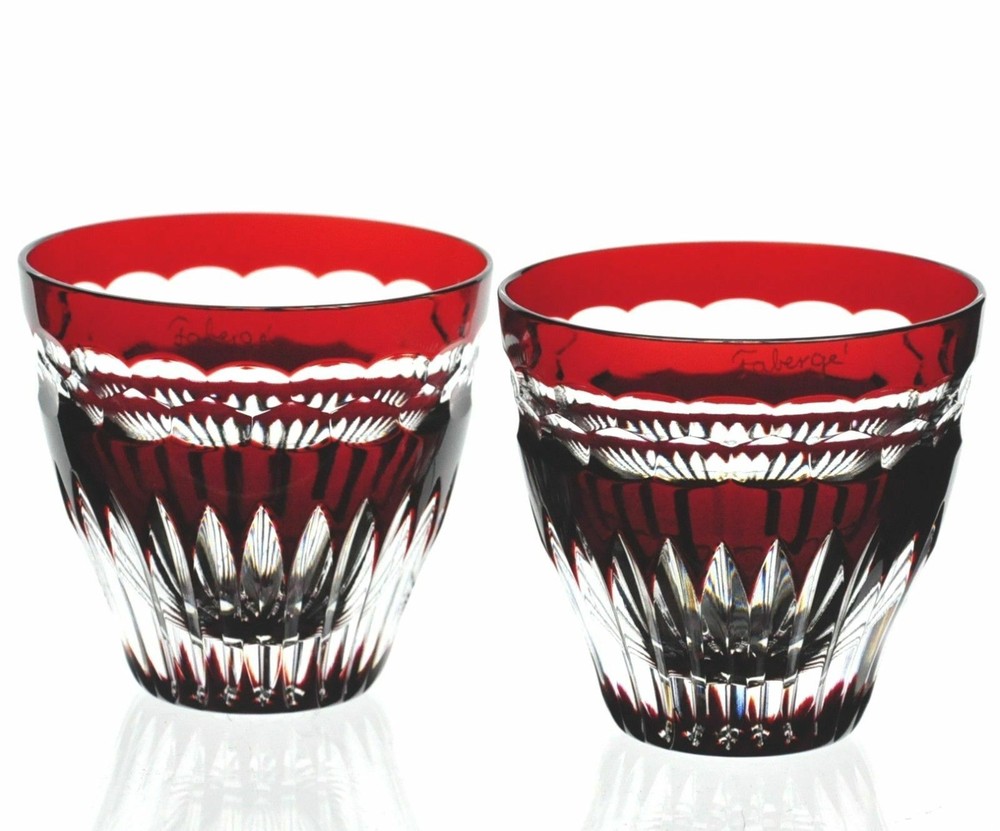 Faberge Na Zdorovye Ruby Cut to Clear Cased Crystal DOF Rocks Whisky Glass Pair