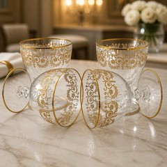 Set Of 4 Baccarat crystal gilded water goblet in the Flora pattern. Signed