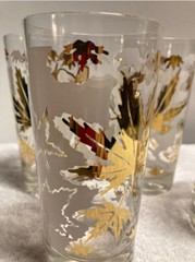 Vintage Hollywood Regency Gold and White Leaf Highball Glasses MCM Bar ware 