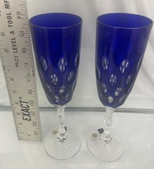 Karl Anton Czech Handcut Crystal Blue Flute Glasses Set of 2 10″x2.5″ w/Stickers