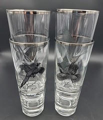 Set of 4 Silver Rimmed Federal Game Birds Glasses Highball 6 7/8″ Tall MCM VTG