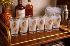 Vintage Frosted Gold Leaf Tumblers Set 6 MCM Barware Juice Glasses