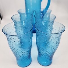 Vintage MCM Blue Crackle Glass Pitcher w Lid and (5) Glasses ICED TEA BARWARE