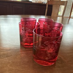 Cranberry Cut to Clear Whiskey/Rocks Glasses Set Of 5