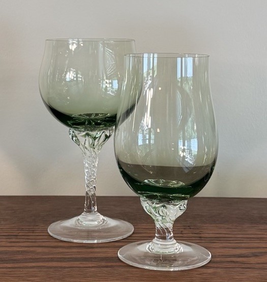3 Ice Tea Glasses and 3 Water Goblets Coronation Light Green Clear Stem SASAKI