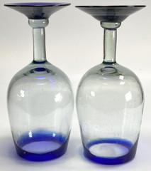 Pretty 16oz Hand Blown Wine Glasses Blue Rimmed and Footed 7 3/4″ Tall