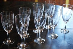 Vintage Set 8 HAND CUT ASIAN BAMBOO STEMS & LEAVES Wine Glasses 5.5″ Hand Blown