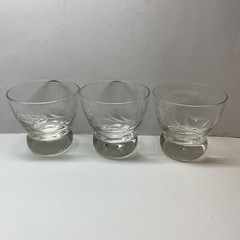 Vintage Set Of 3 Wheat Etched Low Ball Glasses 3” High MCM Heavy Round Bottom