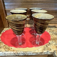 Set of 6 Swirl Art Glass Goblets, Brown Beige, 8 inches tall