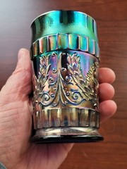 Super Blue Dugan Carnival Glass God & Home Pattern Tumbler