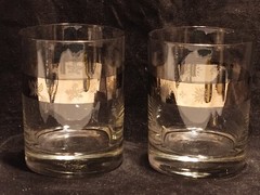 2 Vintage MCM Tumbler Glasses Silver Band Sun Snowflake Leaf Butterfly Pattern